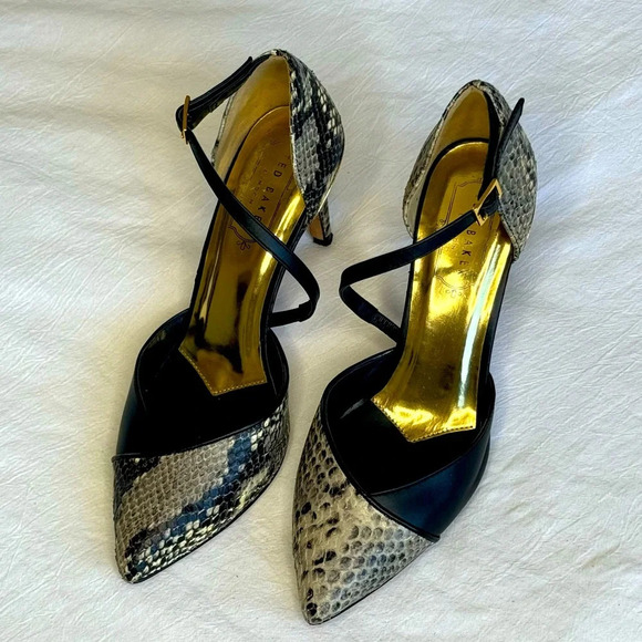Ted Baker faux python leather strapped high heels gold hardware size 7 excellent - Picture 2 of 16